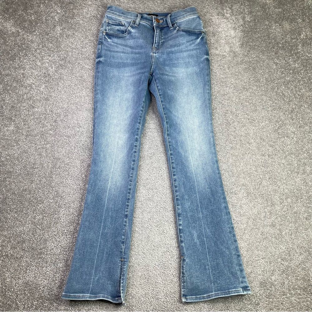 Express Skyscraper Jeans Women’s 2 Blue Slim Boot Mid Rise Light Wash Split Leg